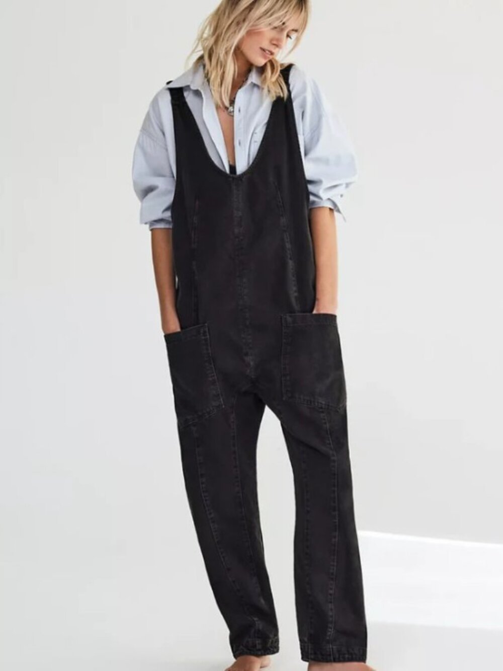 Free People Black Washed Denim high roller Overalls medium m